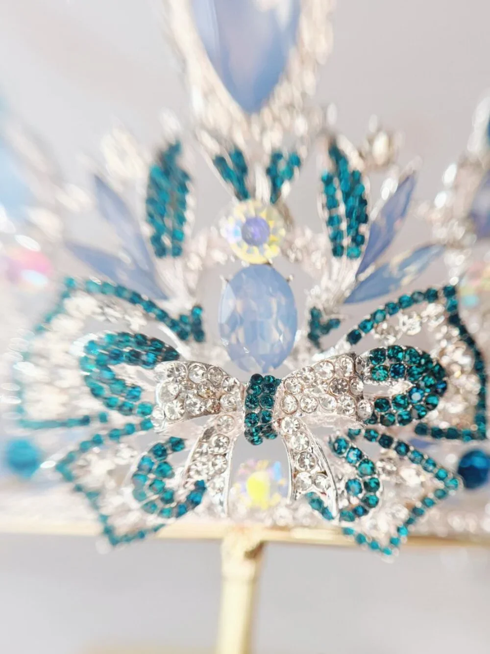 Blue Crystal Tiara Crown, Silver Crystal Bridal Wedding Pageant Prom Headpiece